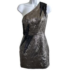 Dao Chloe Dao silver metallic‎ one shoulder silk blend dress size 0